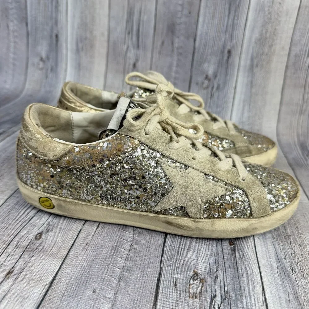 Golden Goose Super-Star Girls Size 1.5Y EUR 34 Silver Glitter Shoes Sneakers